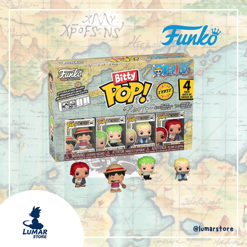 Pack 4 Figuras FUNKO Bitty POP! - One Piece: Luffy, Roronoa Zoro, Axe-Hand Morgan & Shanks