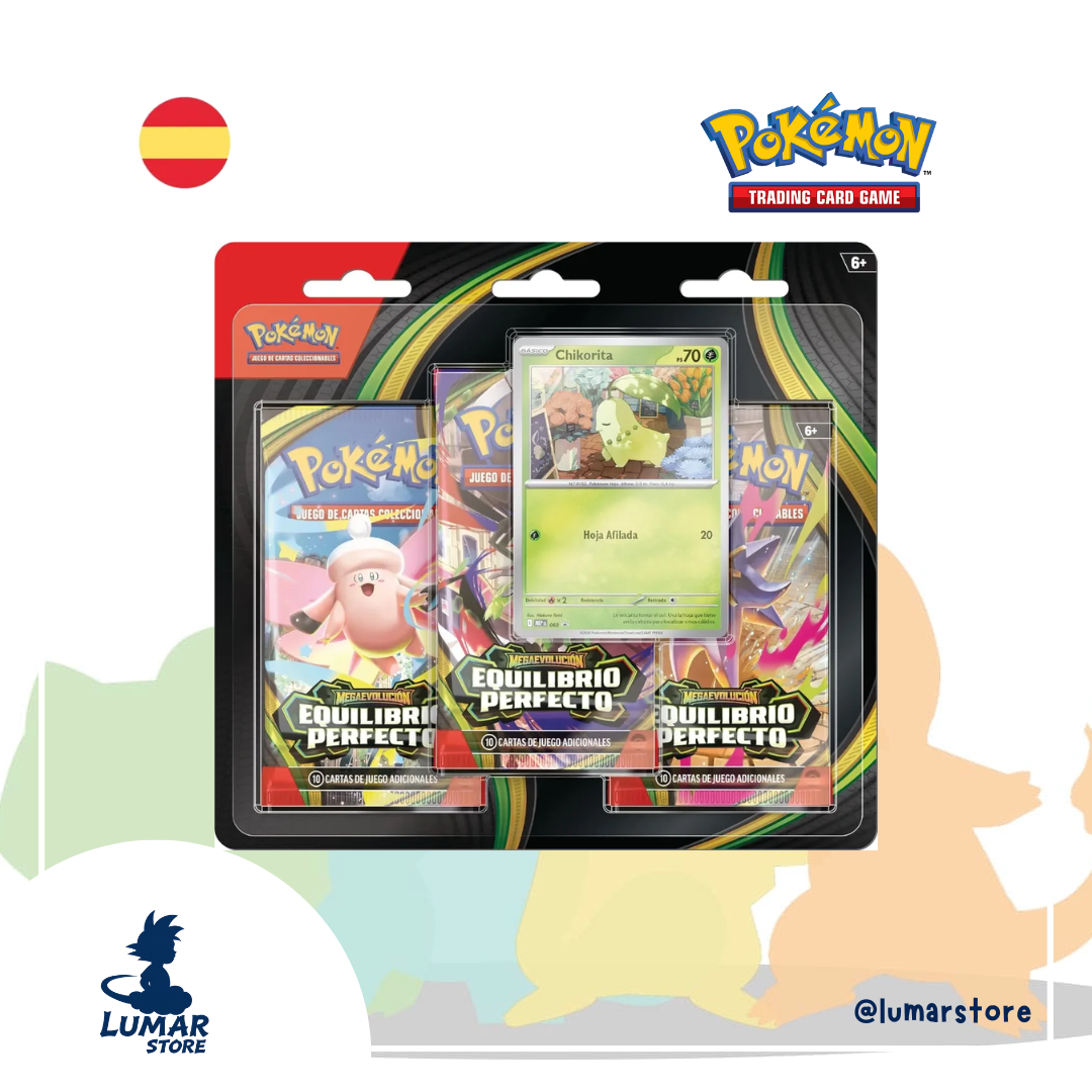 Pokémon TCG: Blister 3 Sobres - Equilibrio Perfecto | Carta Promo Chikorita (Español)