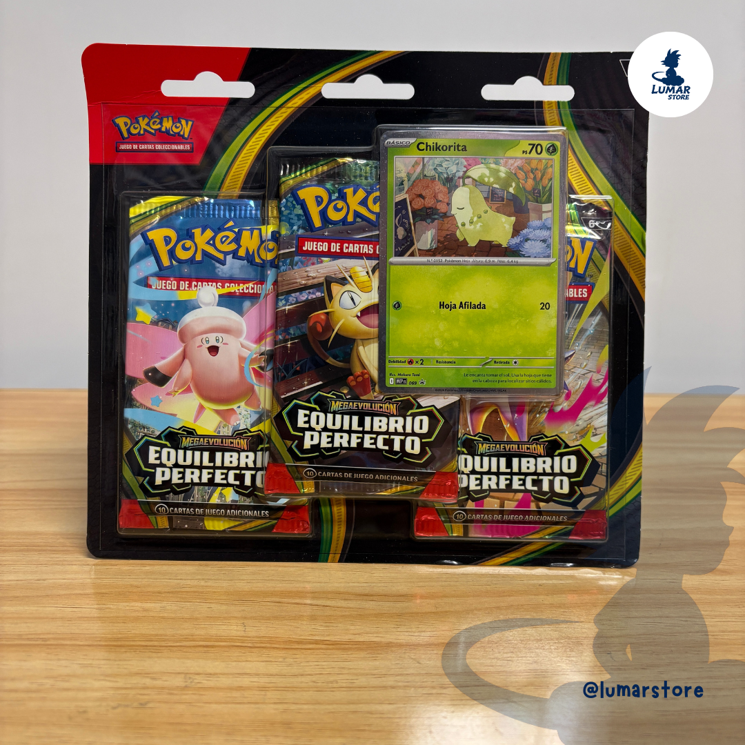 Pokémon TCG: Blister 3 Sobres - Equilibrio Perfecto | Carta Promo Chikorita (Español)